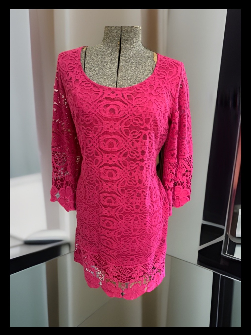 Alfani Dress Women’s Size XS Pink Crochet Floral Trim Illusion Dress.